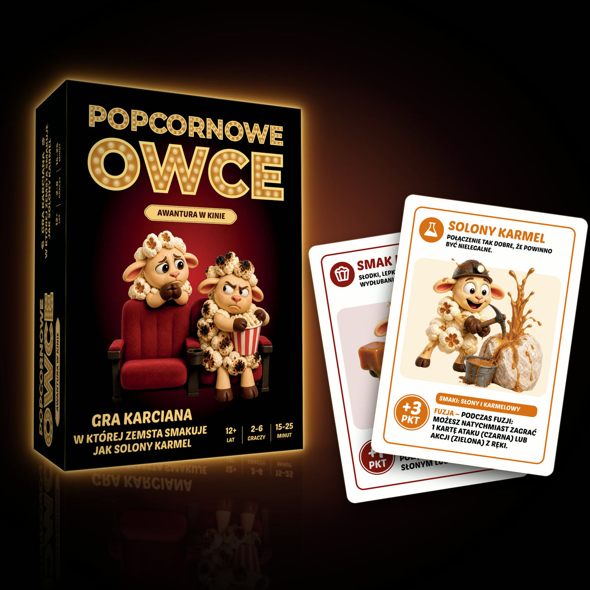 Pudełko Popcornowych Owiec i karty Smak Karmelowy oraz fuzja Solony Karmel