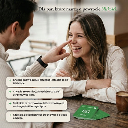 Para śmieje się przy kawie, obok lista powodów, dla których warto sięgnąć po SPARK Emocje i Bliskość