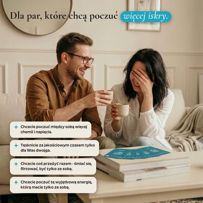 Para śmieje się na kanapie, obok lista powodów, dla których warto sięgnąć po SPARK Flirt i Zabawa