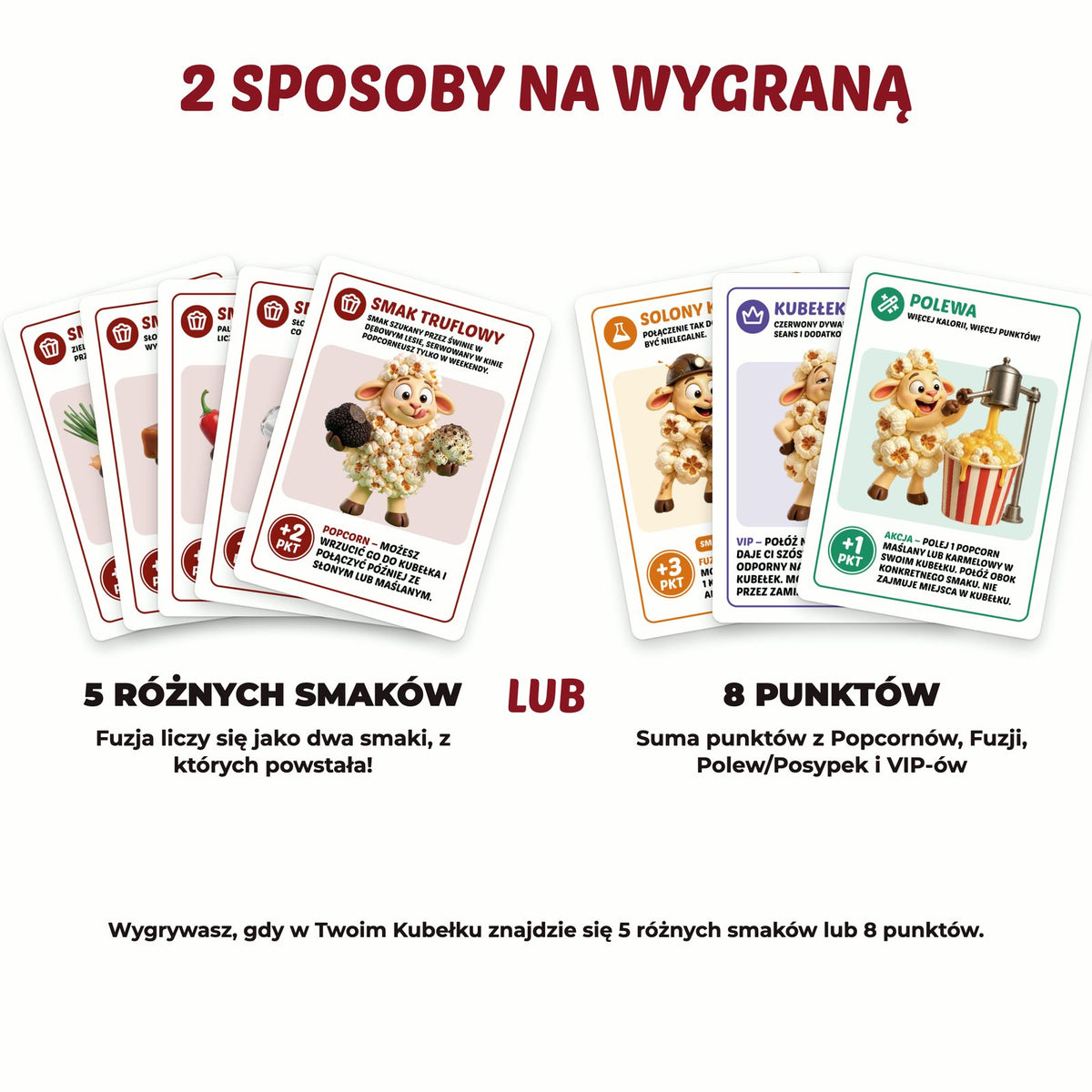 Dwa sposoby na wygraną w Popcornowe Owce: 5 różnych smaków lub 8 punktów